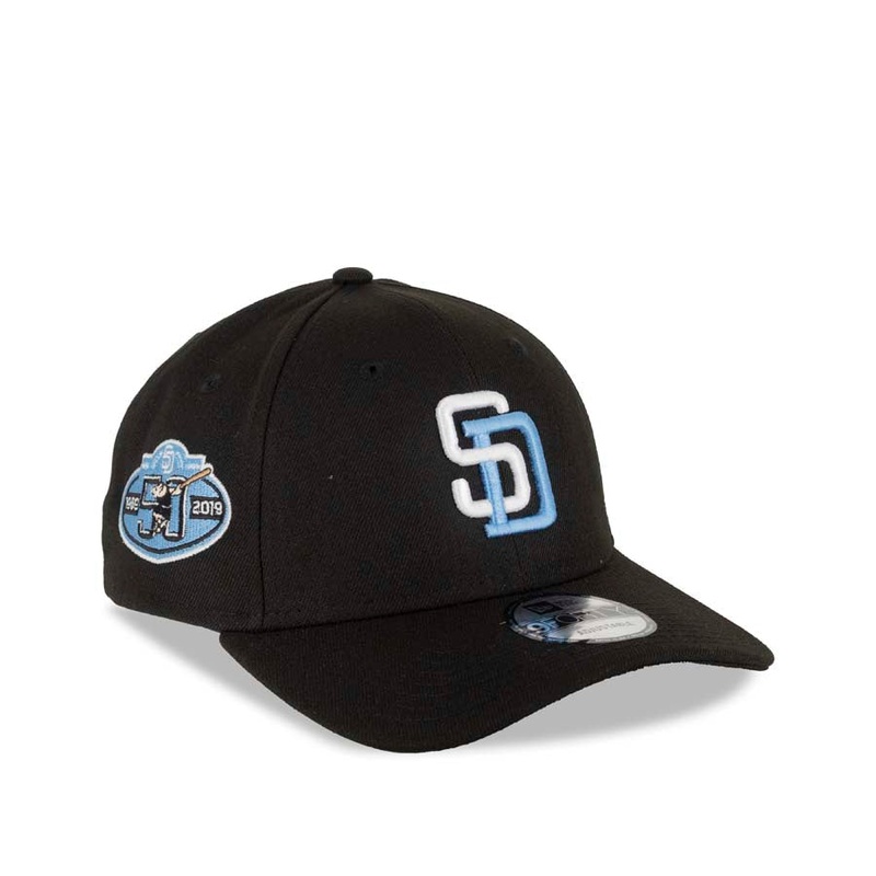 San Diego Padres New Era MLB 9FORTY 940 Adjustable Cap Hat Black Crown/Visor White/Sky Blue Logo 50th Anniversary Side Patch