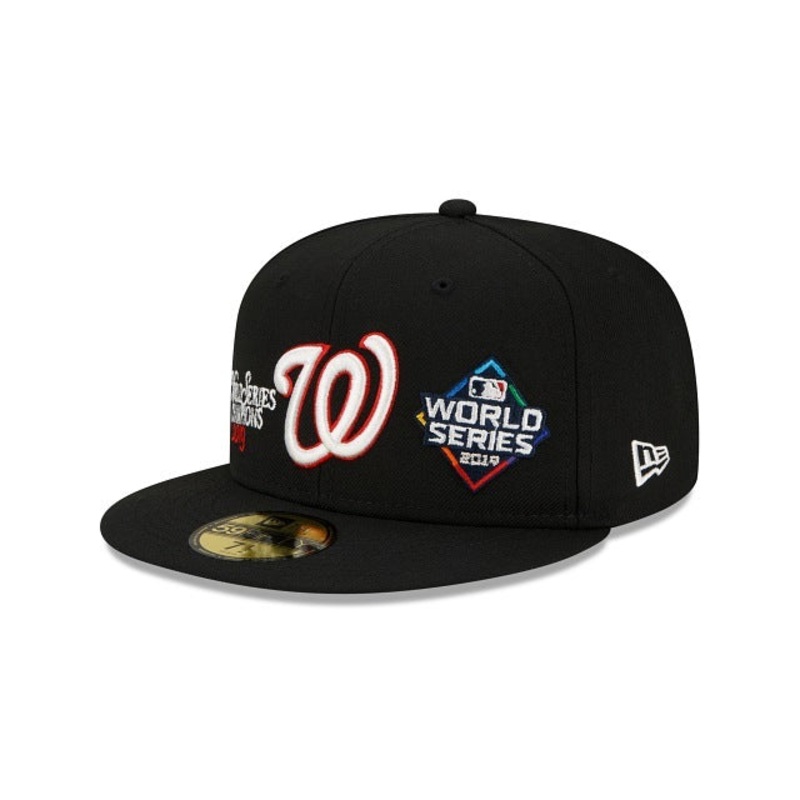 Washington Nationals New Era MLB 59FIFTY 5950 Fitted Cap Hat Black Crown/Visor Team Color Logo Champions Patches