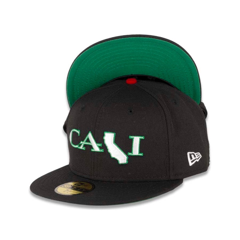 CALI CALIfornia New Era 59FIFTY 5950 Fitted Cap Hat Black Crown/Visor White/Green CALI Script Logo with Map