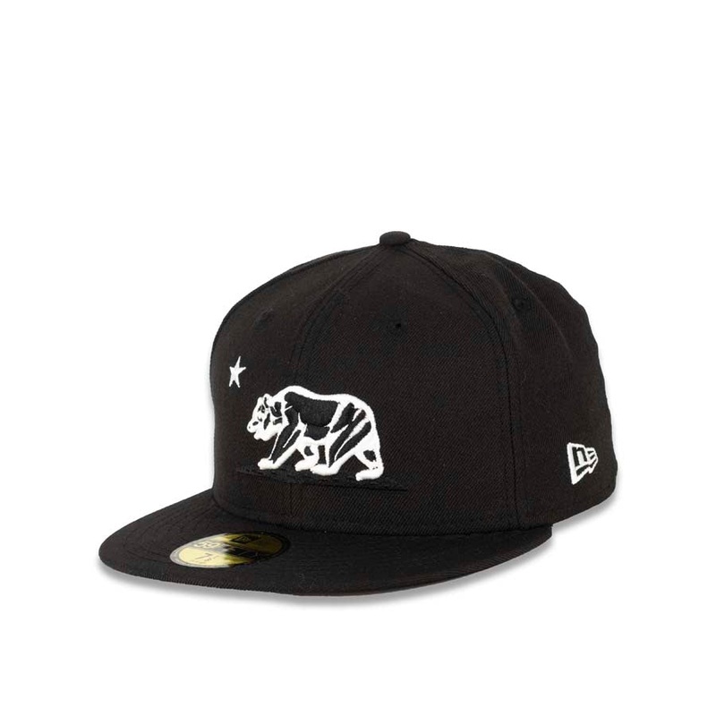 California New Era 59FIFTY 5950 Fitted Cap Hat Black Crown/Visor Black/White Bear Logo