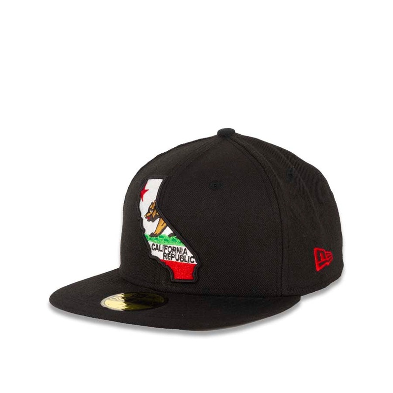 California State New Era 59FIFTY 5950 Fitted Cap Hat Black Crown/Visor California Republic Flag Inside California State Map Logo