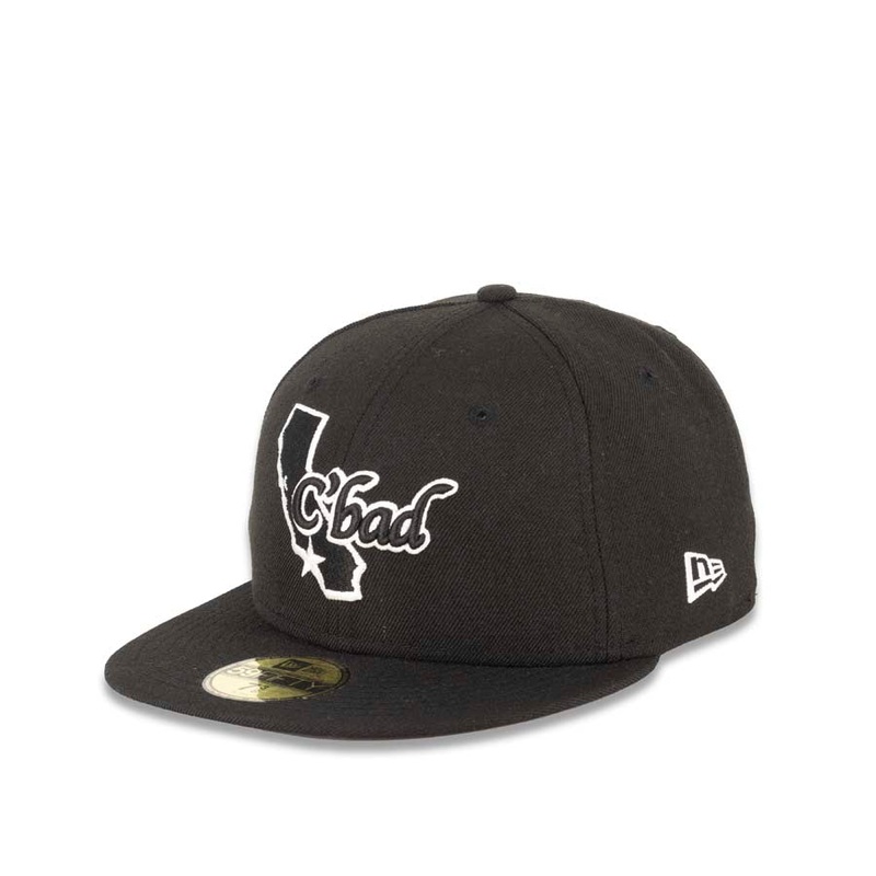 Carlsbad CBad New Era 59FIFTY 5950 Fitted Cap Hat Black Crown/Visor Black/White with California State Map Logo