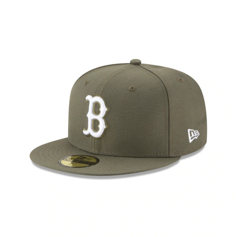 Boston Red Sox New Era MLB 59FIFTY 5950 Fitted Cap Hat Olive Green Crown/Visor White Logo