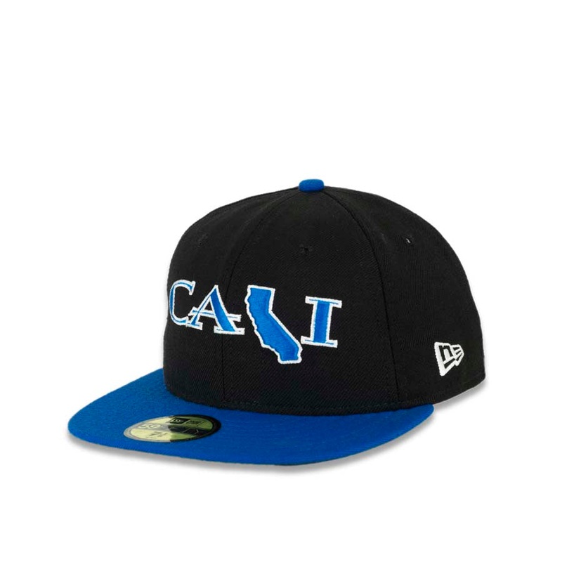 CALI CALIfornia New Era 59FIFTY 5950 Fitted Cap Hat Black Crown Blue Visor Blue/White CALI Script Logo with Map