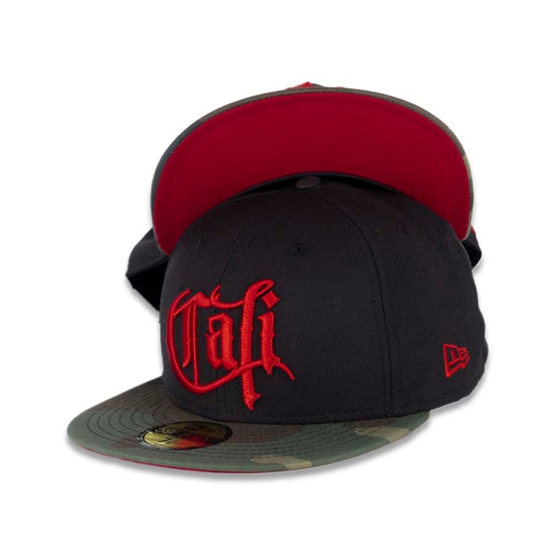 CALI CALIfornia New Era 59FIFTY 5950 Fitted Cap Hat Black Crown Camo Visor Red Old English Script Logo
