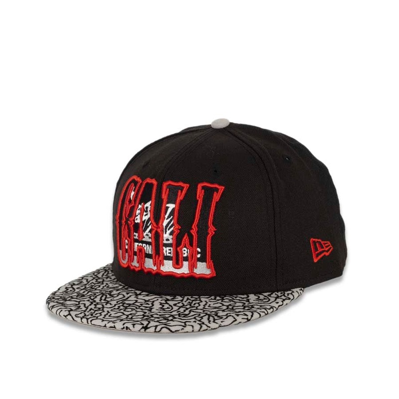 CALI CALIfornia New Era 59FIFTY 5950 Fitted Cap Hat Black Crown Gray/Black Elephant Print Visor White/Black/Red California Flag Inside CALI Block Logo