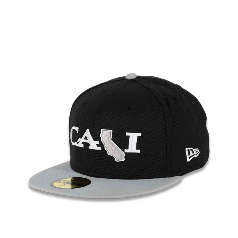 CALI CALIfornia New Era 59FIFTY 5950 Fitted Cap Hat Black Crown Gray Visor CALI Script Logo with Map