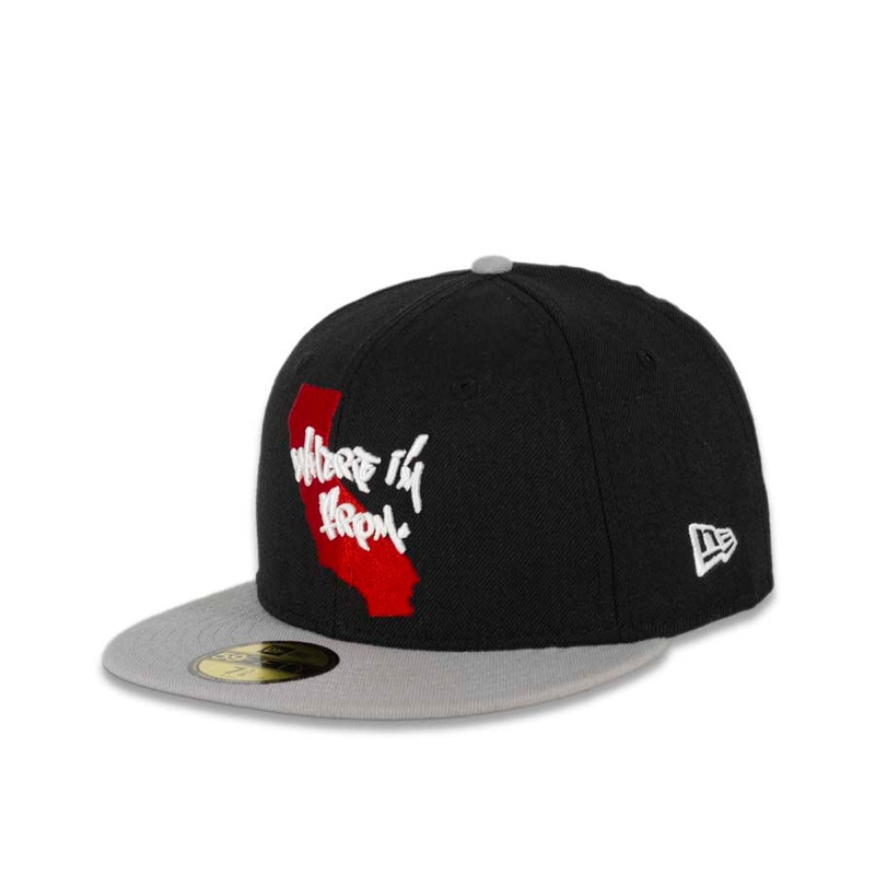 CALI CALIfornia New Era 59FIFTY 5950 Fitted Cap Hat Black Crown Gray Visor White/Red State Map with Where I’m From Script Logo