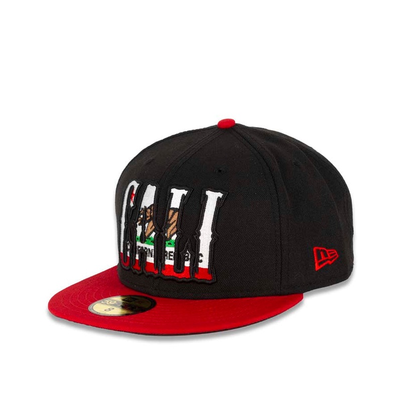 CALI CALIfornia New Era 59FIFTY 5950 Fitted Cap Hat Black Crown Red Visor California Flag Inside CALI Block Logo