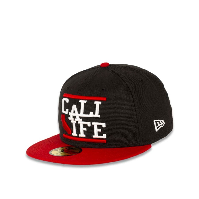 CALI CALIfornia New Era 59FIFTY 5950 Fitted Cap Hat Black Crown Red Visor White/Red CALI LIFE Block Logo