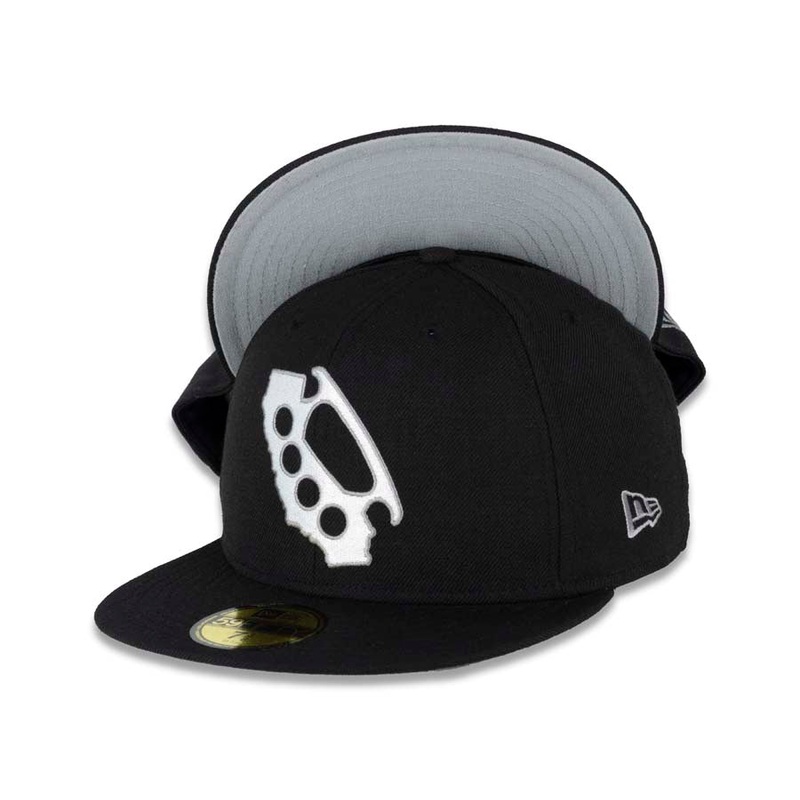 CALI CALIfornia New Era 59FIFTY 5950 Fitted Cap Hat Black Crown/Visor White/Gray Brass Knuckle Logo