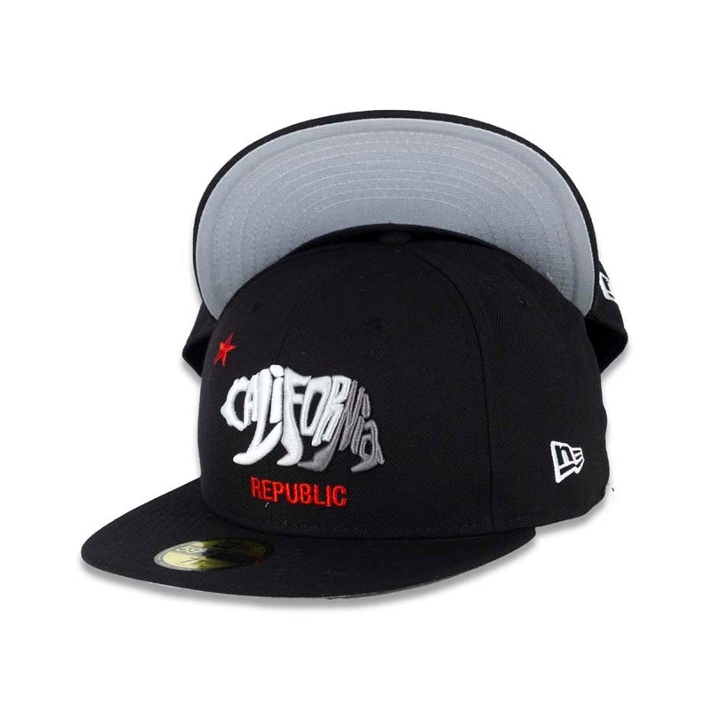 CALI CALIfornia New Era 59FIFTY 5950 Fitted Cap Hat Black Crown/Visor White/Gray/Red Bear Spelled Script Logo