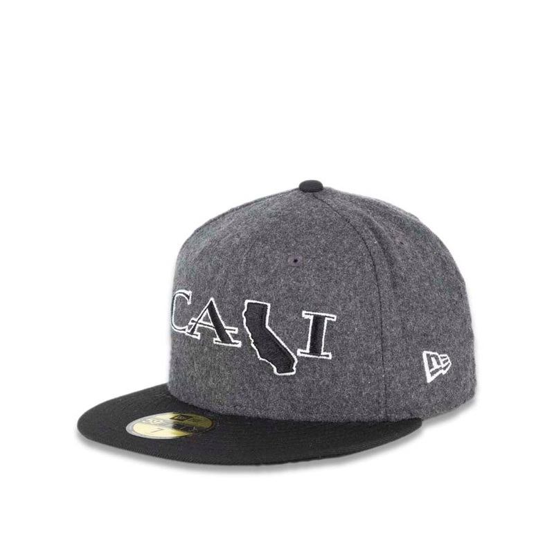 CALI CALIfornia New Era 59FIFTY 5950 Fitted Cap Hat Dark Gray Melton Crown Black Visor Black/White CALI Script Logo with Map