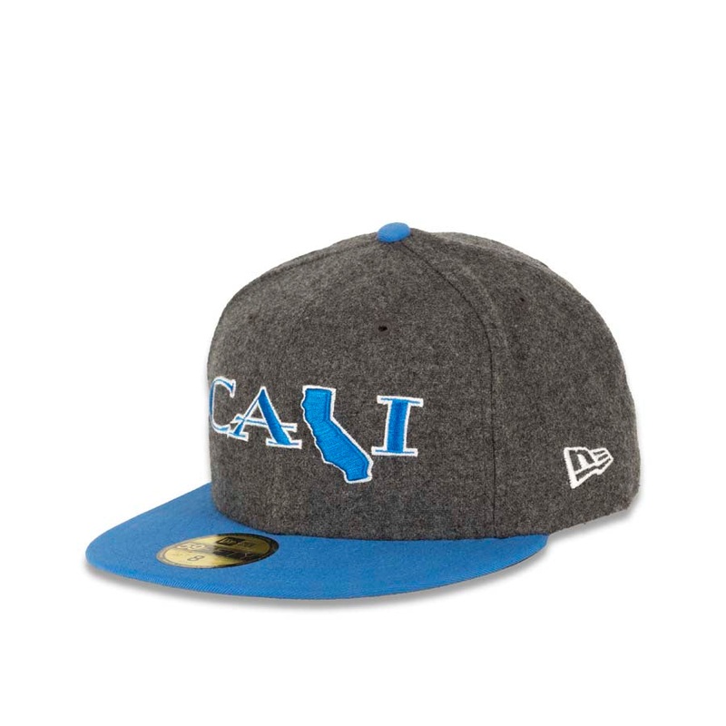 CALI CALIfornia New Era 59FIFTY 5950 Fitted Cap Hat Dark Gray Melton Crown Blue Visor Blue/White CALI Script Logo with Map