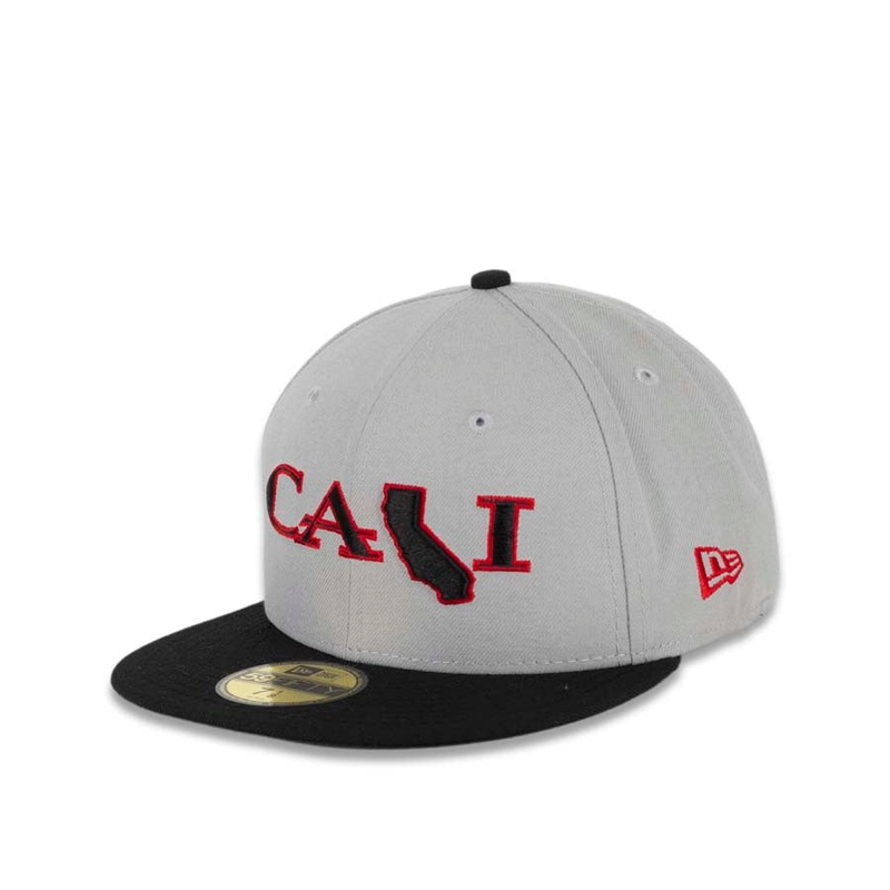 CALI CALIfornia New Era 59FIFTY 5950 Fitted Cap Hat Gray Crown Black Visor Black/Red CALI Script Logo with Map