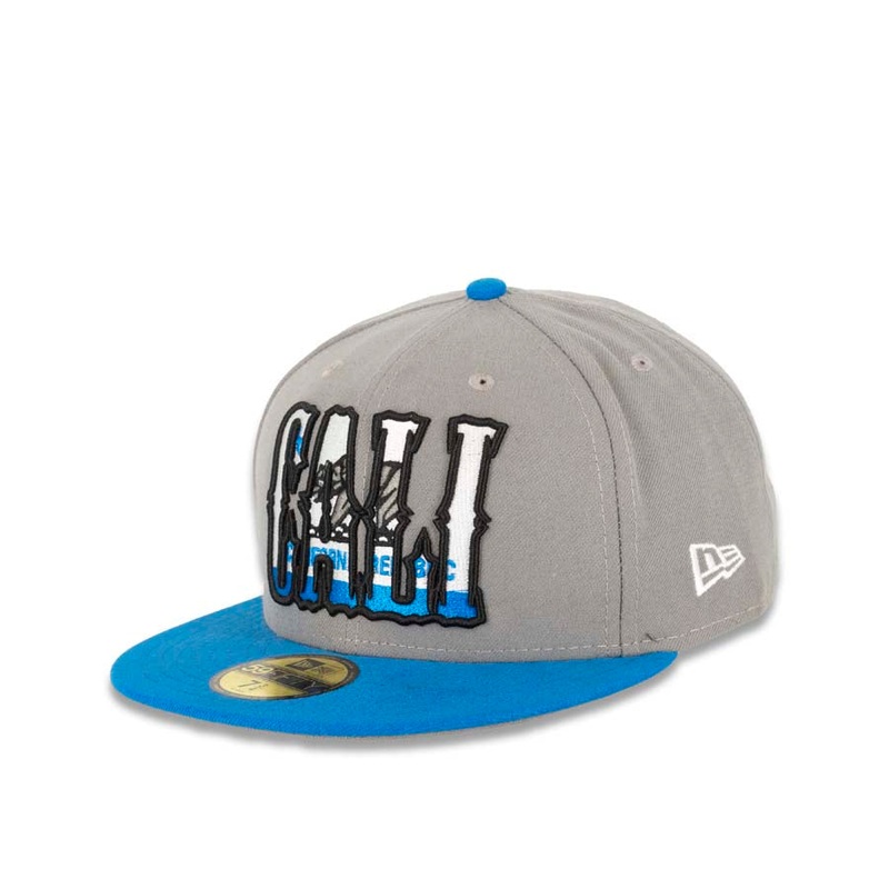 CALI CALIfornia New Era 59FIFTY 5950 Fitted Cap Hat Gray Crown Blue Visor White/Black/Blue/Gray California Flag Inside CALI Block Logo