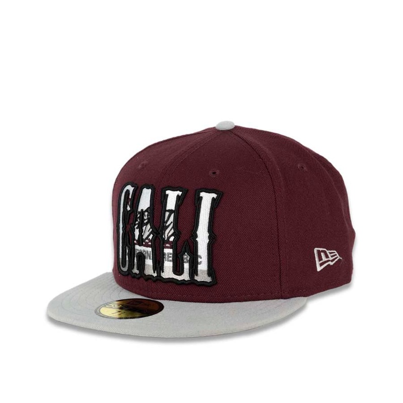 CALI CALIfornia New Era 59FIFTY 5950 Fitted Cap Hat Maroon Crown Gray Visor Gray/White/Black/Maroon California Flag Inside CALI Block Logo