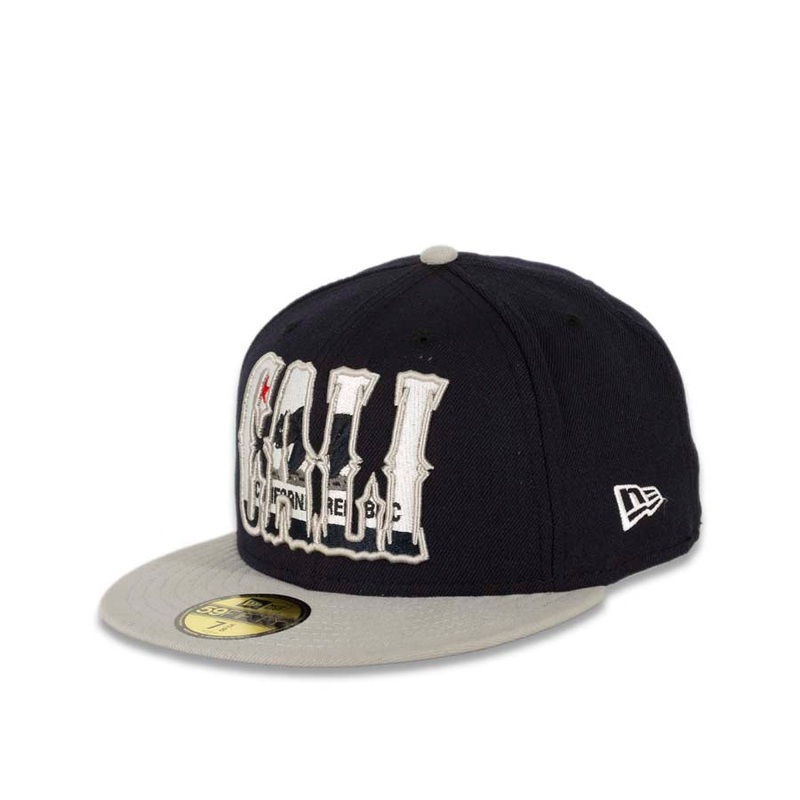 CALI CALIfornia New Era 59FIFTY 5950 Fitted Cap Hat Navy Crown Gray Visor Navy/White/Dark Gray/Red California Flag Inside CALI Block Logo
