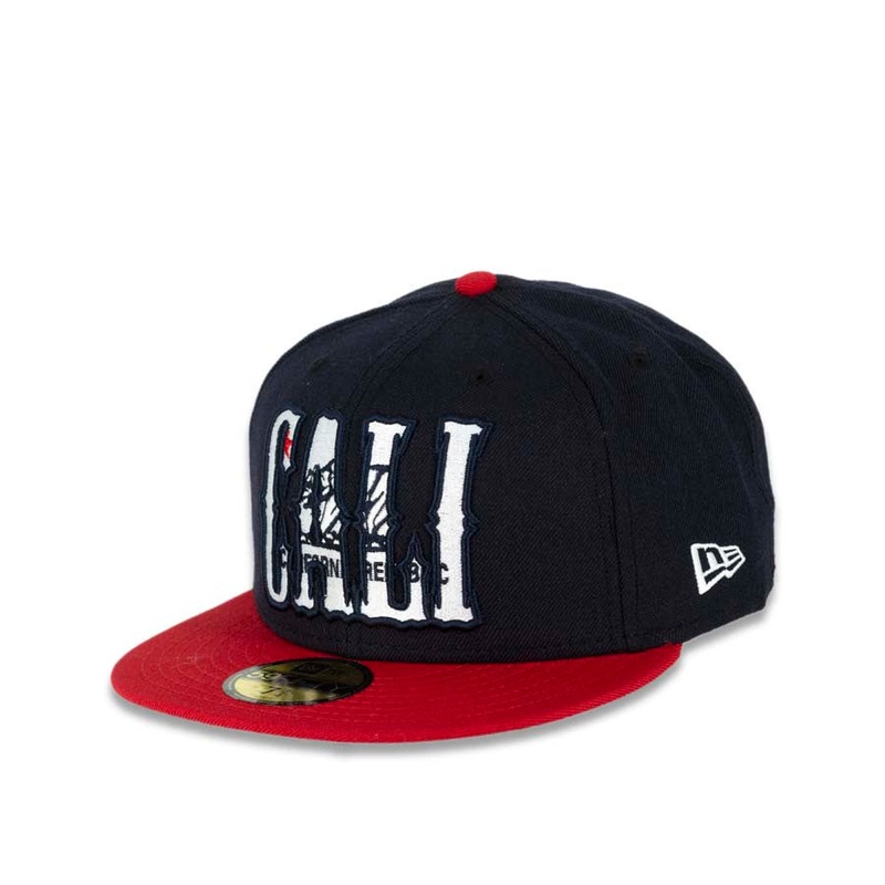 CALI CALIfornia New Era 59FIFTY 5950 Fitted Cap Hat Navy Crown Red Visor White/Navy/Red California Flag Inside CALI Block Logo