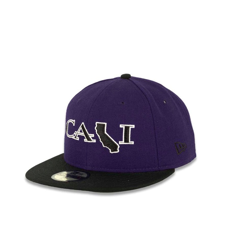 CALI CALIfornia New Era 59FIFTY 5950 Fitted Cap Hat Purple Crown Black Visor Black/White CALI Script Logo with Map