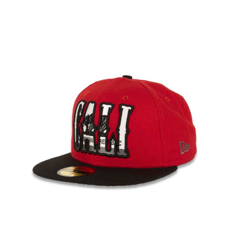 CALI CALIfornia New Era 59FIFTY 5950 Fitted Cap Hat Red Crown Black Visor Dark Gray/Black/White California Flag Inside CALI Block Logo