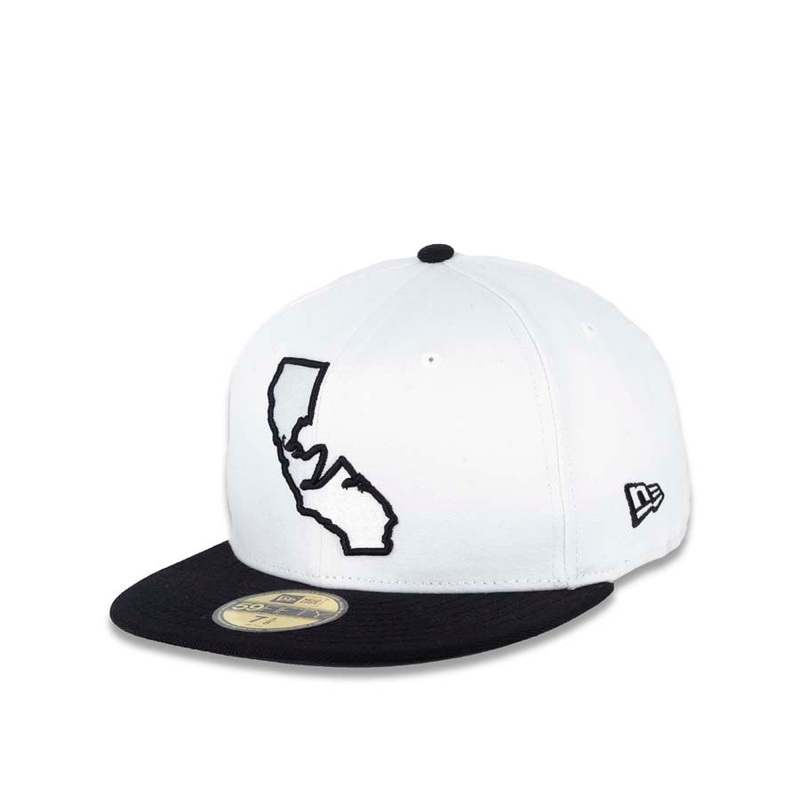 Cali CALIfornia New Era 59FIFTY 5950 Fitted Cap Hat White Crown Black Visor White/Black Bear in State Map Freeway Logo