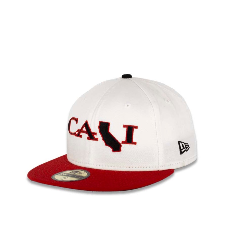 CALI CALIfornia New Era 59FIFTY 5950 Fitted Cap Hat White Crown Red Visor Black/Red CALI Script Logo with Map