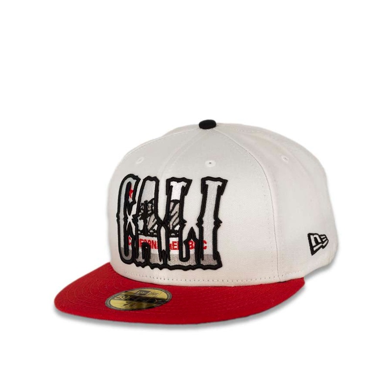 CALI CALIfornia New Era 59FIFTY 5950 Fitted Cap Hat White Crown Red Visor White/Black/Gray/Red California Flag Inside CALI Block Logo