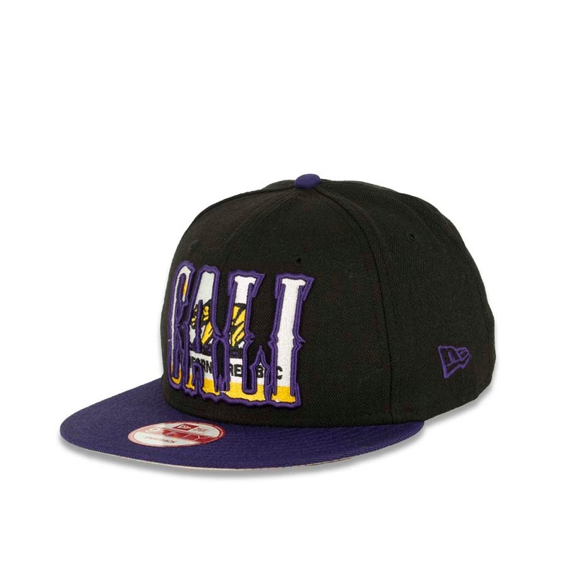 CALI CALIfornia New Era 9FIFTY 950 Snapback Cap Hat Black Crown Purple Visor White/Purple/Yellow California Flag Inside CALI Block Logo