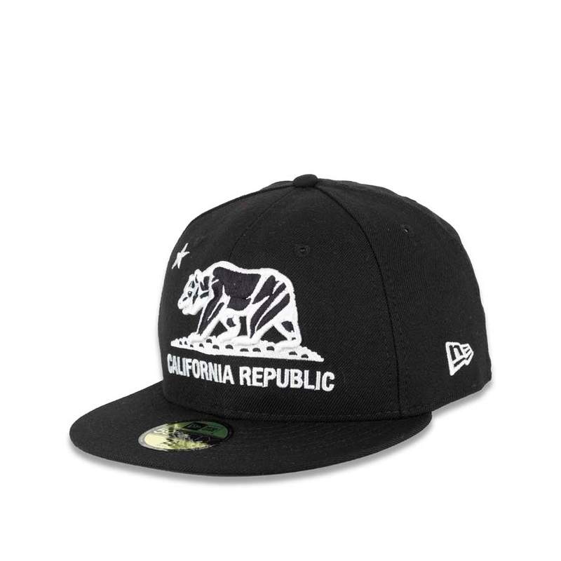 California Replubic New Era 59FIFTY 5950 Fitted Cap Hat Black Crown/Visor Black/White Bear Logo