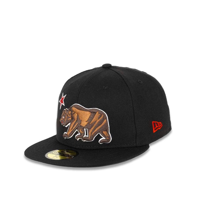 California Replubic New Era 59FIFTY 5950 Fitted Cap Hat Black Crown/Visor Brown/White/Red Bear Logo
