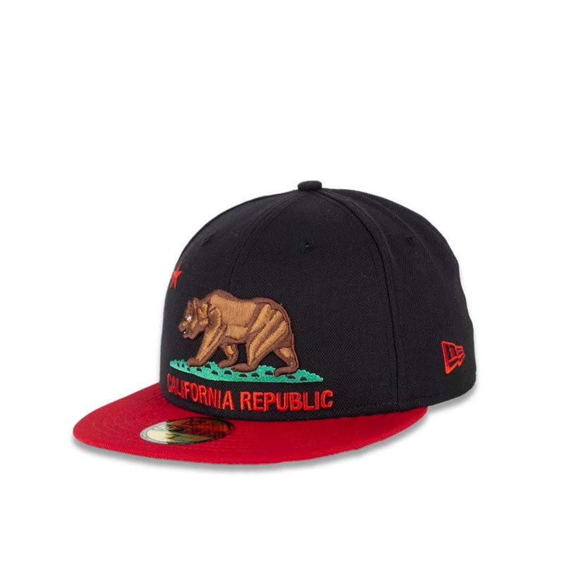 California Republic New Era 59FIFTY 5950 Fitted Cap Hat Black Crown Red Visor State Flag Color Bear Logo
