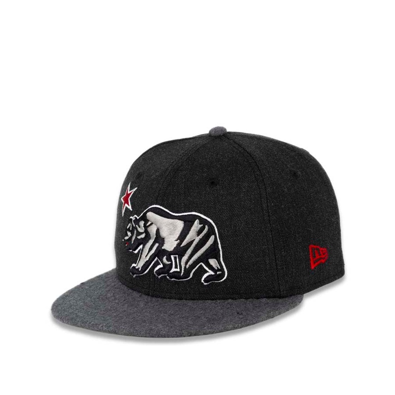 California Republic New Era 59FIFTY 5950 Fitted Cap Hat Black Heather Crown Dark Gray Melton Visor Gray/Black/White/Red Bear Logo