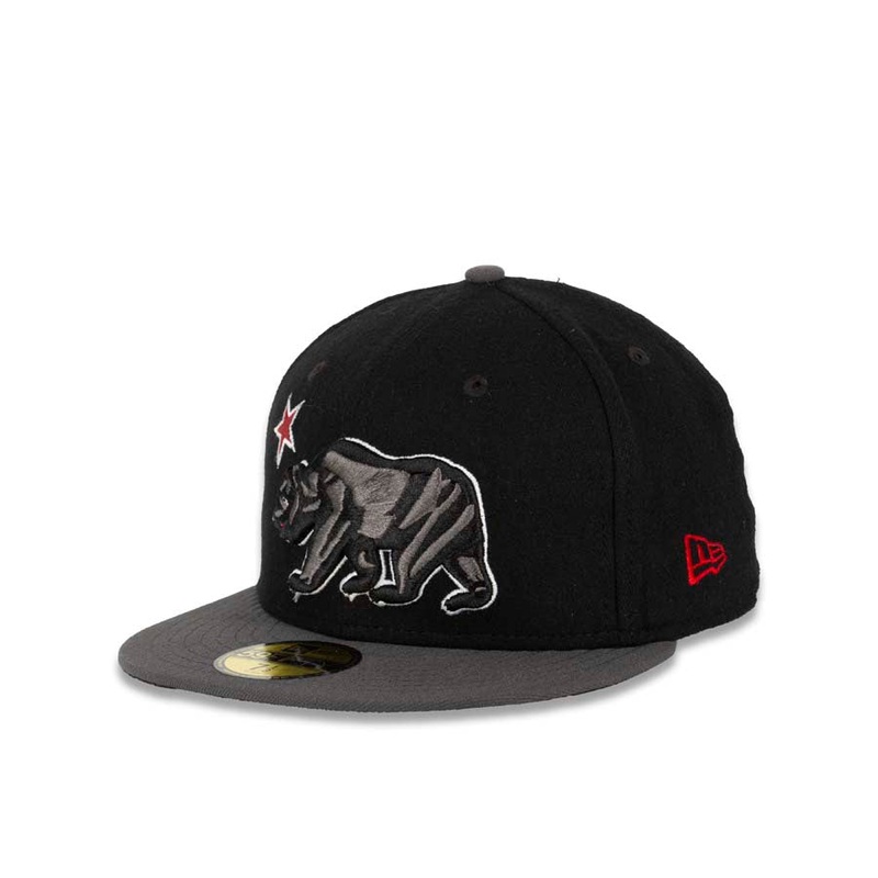 California Republic New Era 59FIFTY 5950 Fitted Cap Hat Black Melton Crown Dark Gray Visor Dark Gray/Black/Red/White Bear with Star Logo