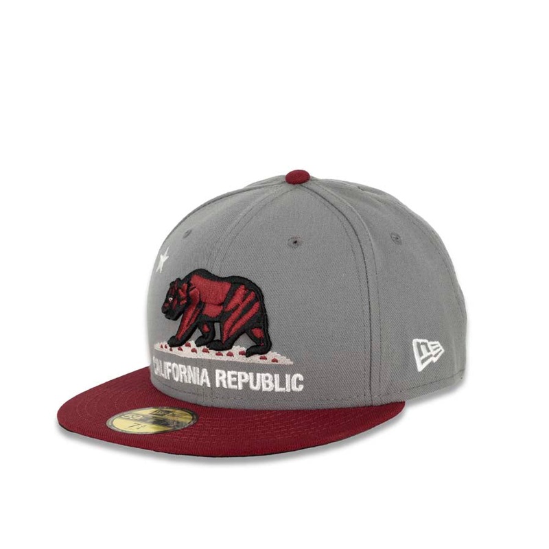 California Republic New Era 59FIFTY 5950 Fitted Cap Hat Dark Gray Crown Maroon Visor Maroon/Black/White Bear Logo