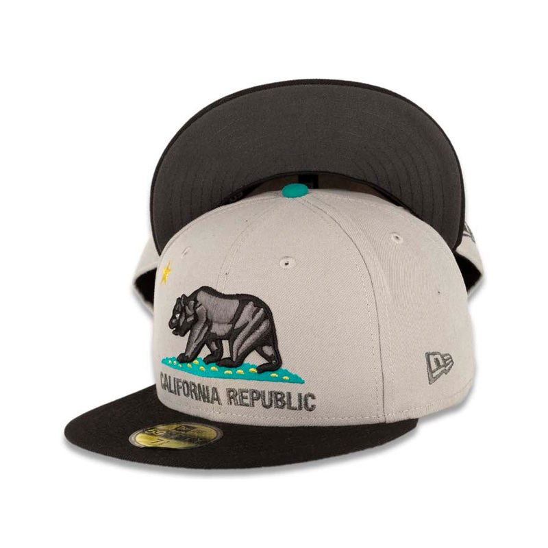 California Republic New Era 59FIFTY 5950 Fitted Cap Hat Gray Crown Teal Visor Black/Dark Gray/Teal Bear Logo