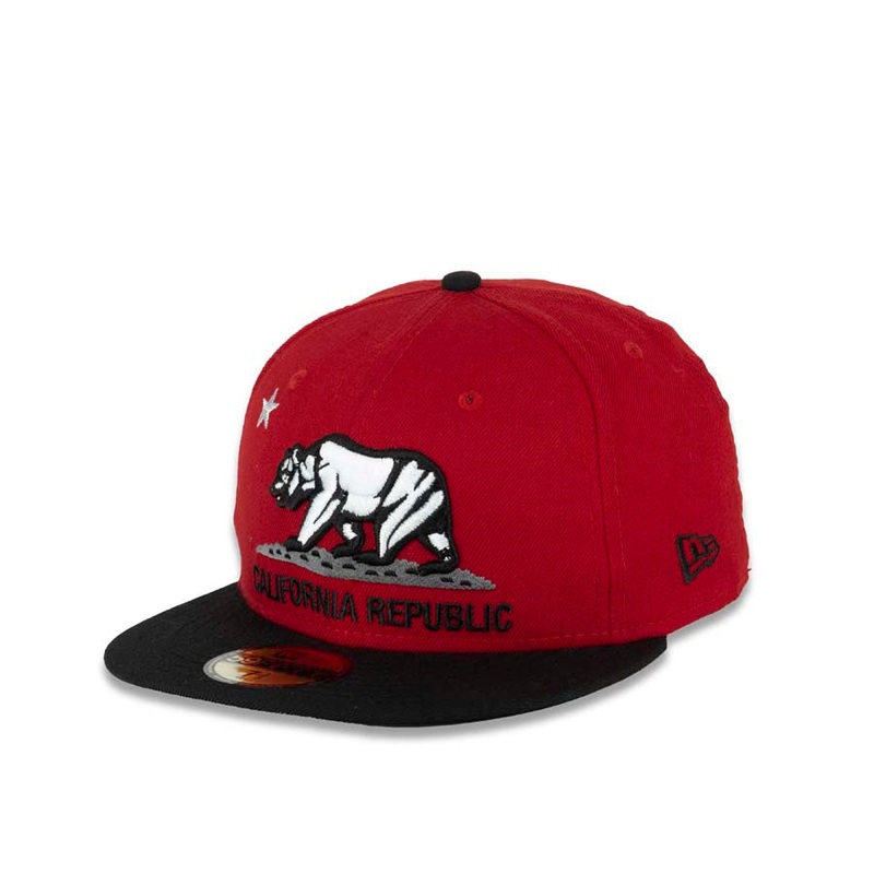 California Republic New Era 59FIFTY 5950 Fitted Cap Hat Red Crown Black Visor White/Black/Red Bear Logo