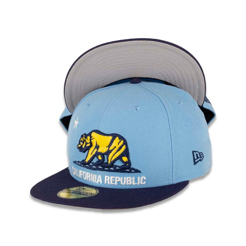 California Republic New Era 59FIFTY 5950 Fitted Cap Hat Sky Blue Crown Navy Visor Yellow/Navy/White Bear Logo