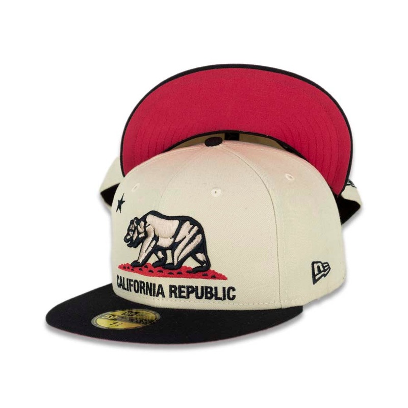 California Republic New Era 59FIFTY 5950 Fitted Cap Hat Stone White Crown Black Visor Stone White/Black/Red Bear Logo