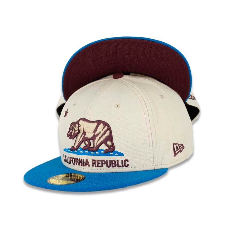 California Republic New Era 59FIFTY 5950 Fitted Cap Hat Stone White Crown Blue Visor Brown/Stone White/Blue Bear Logo