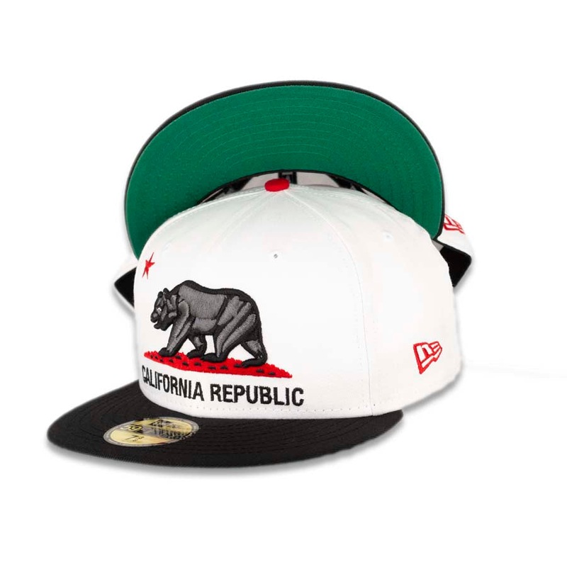 California Republic New Era 59FIFTY 5950 Fitted Cap Hat White Crown Black Visor Dark Gray/Black/Red Bear Logo