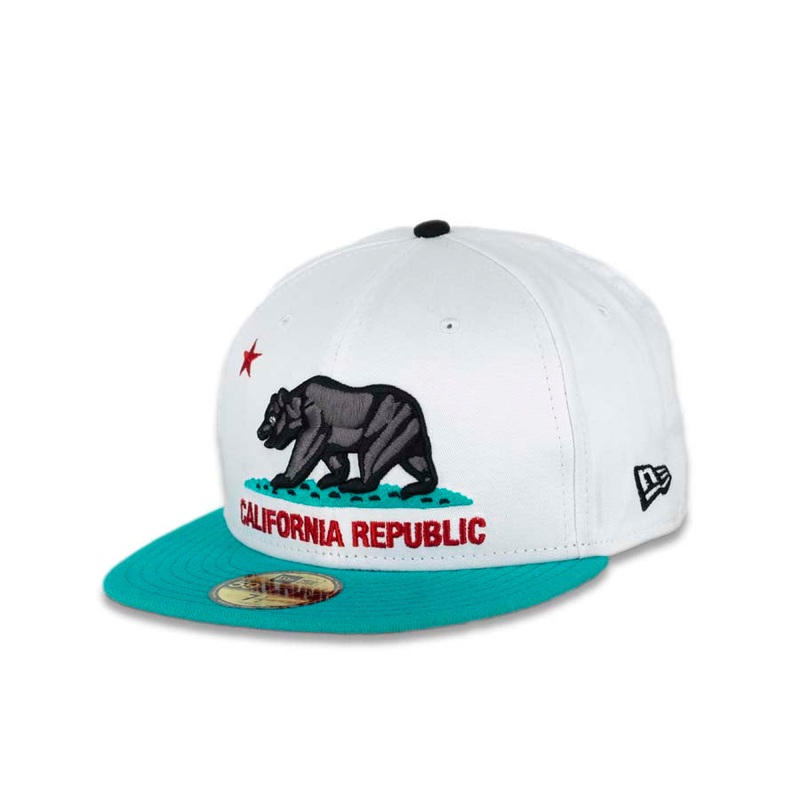California Republic New Era 59FIFTY 5950 Fitted Cap Hat White Crown Teal Visor Teal/Black/Red Logo