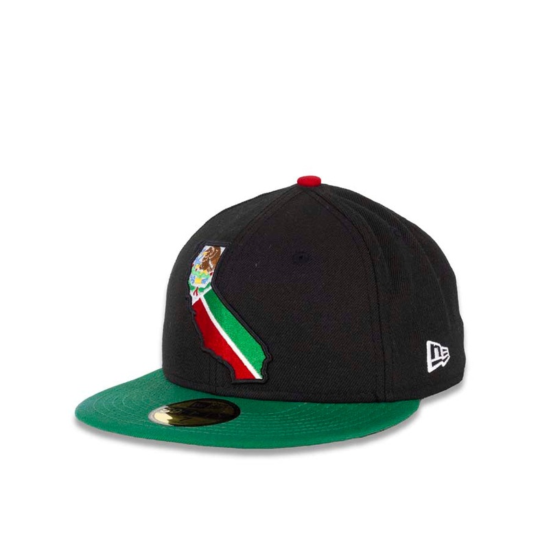 CaliMex New Era 59FIFTY 5950 Fitted Cap Hat Black Crown Green Visor Mexico Flag Inside California State Map Logo