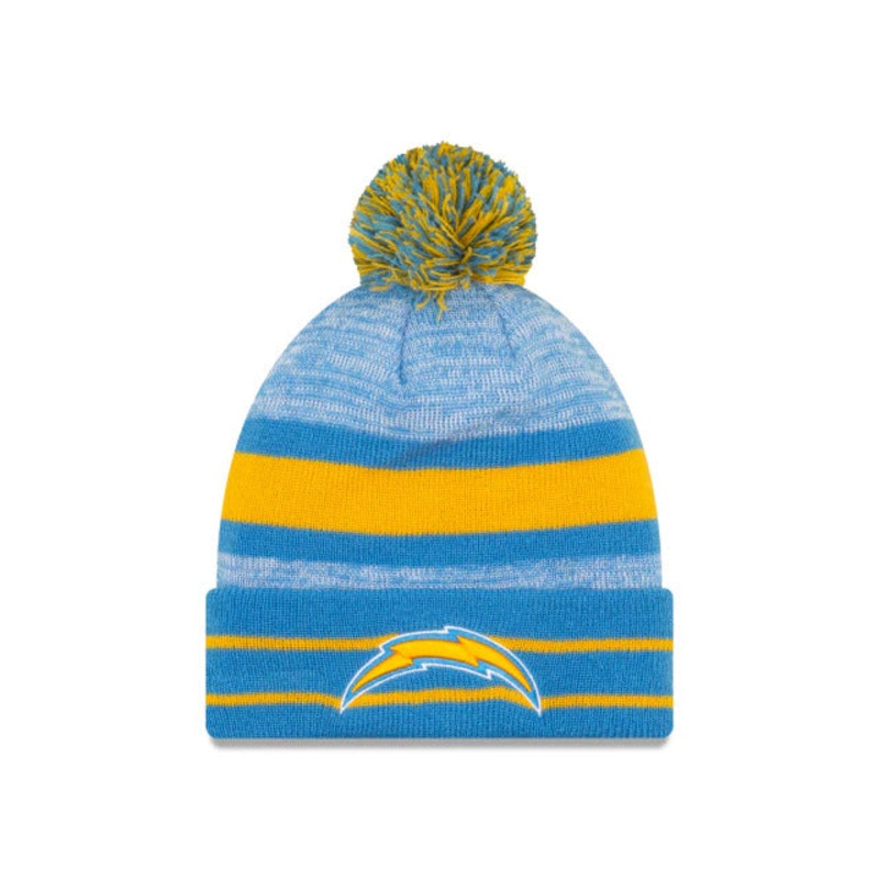 Los Angeles Chargers New Era NFL Cuffed Pom Knit Hat Sky Blue/Yellow Crown Team Color Logo