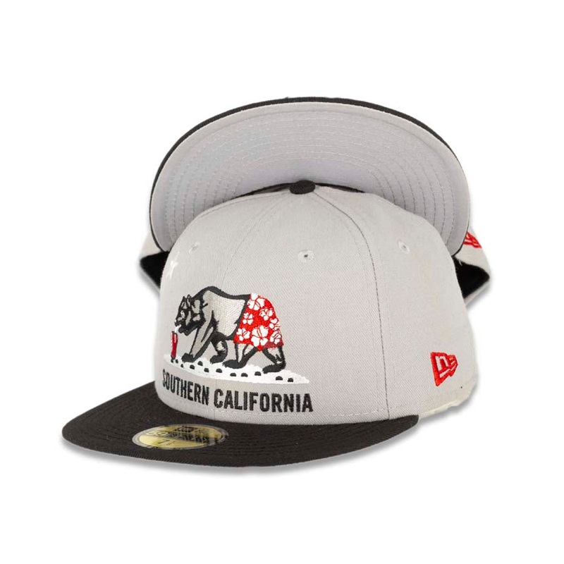 Sothern California Bear New Era 59FIFTY 5950 Fitted Cap Hat Gray Crown Black Visor Gray/Red/Black Drinking Bear in Shorts Logo