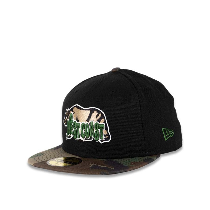 West Coast Bear New Era 59FIFTY 5950 Fitted Cap Hat Black Crown Camo Visor Beige/Black/Green/White Bear Logo