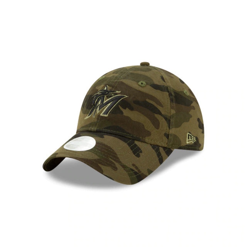 (Women) Miami Marlins New Era MLB 9TWENTY 920 Adjustable Cap Hat Camo Crown/Visor Black/Green Logo