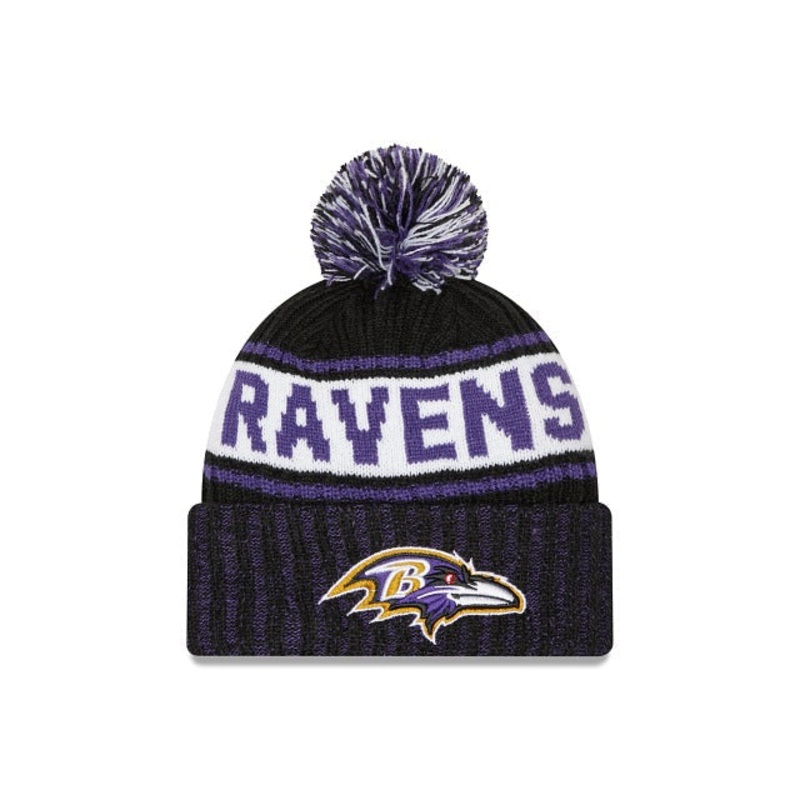 Baltimore Ravens New Era NFL Cuffed Pom Knit Black/Purple/White Team Color Logo