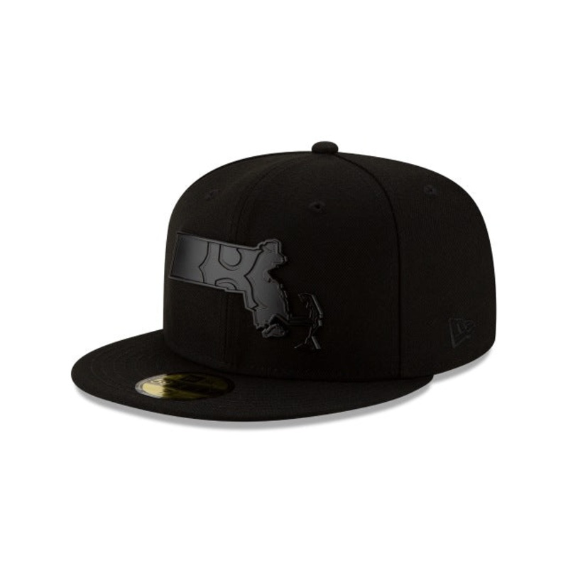 Boston Red Sox New Era MLB 59FIFTY 5950 Fitted Cap Hat Black Crown/Visor Black Logo Inside New England State Map