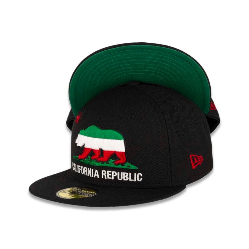 California Republic New Era 59FIFTY 5950 Fitted Cap Hat Black Crown/Visor Green/White/Red Logo